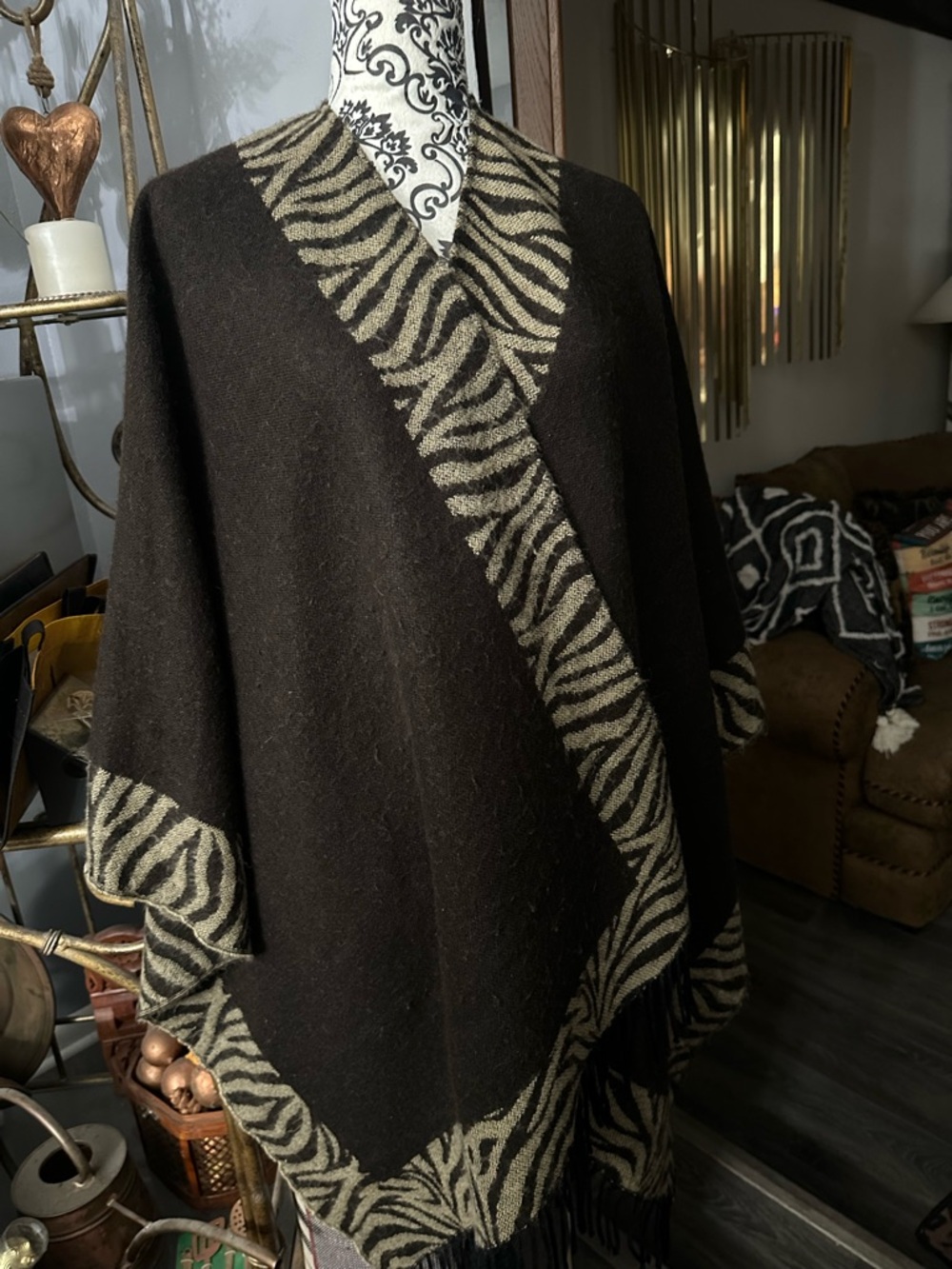 Zebra Trim Black Poncho